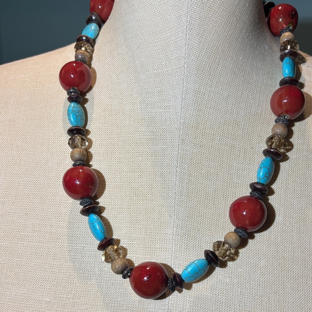 Handcrafted Red and Turquoise Beaded Necklace